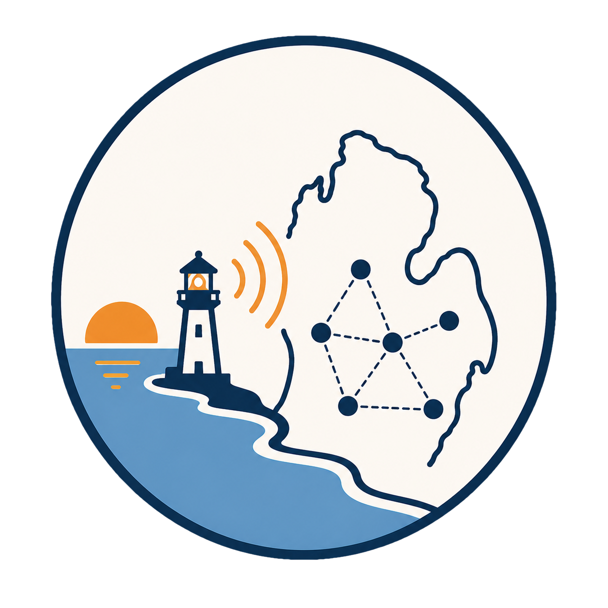 West Michigan Mesh logo showing a lighthouse, Lake Michigan sunset, radio waves, and connected mesh nodes over the West Michigan outline.